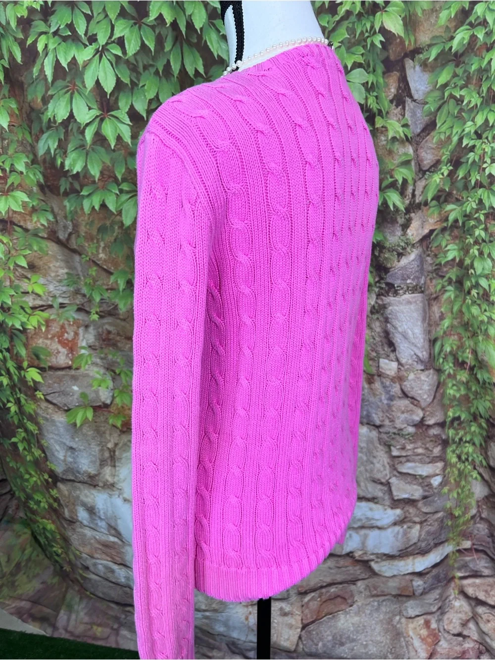 VINTAGE RALPH LAUREN Luxury Pink Cabled Preppy Polo Logo Crewneck Sweater, M - Picture 7 of 11